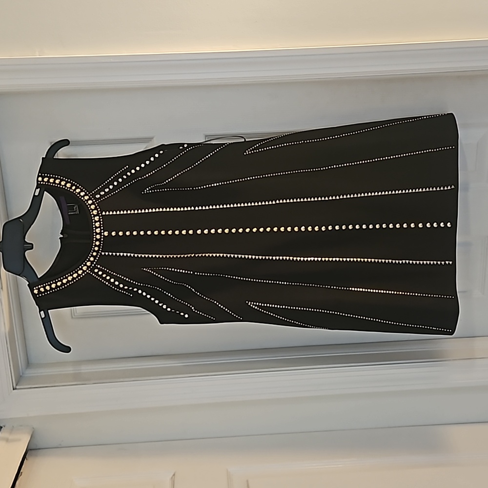 Black cocktail dress with gold detailing